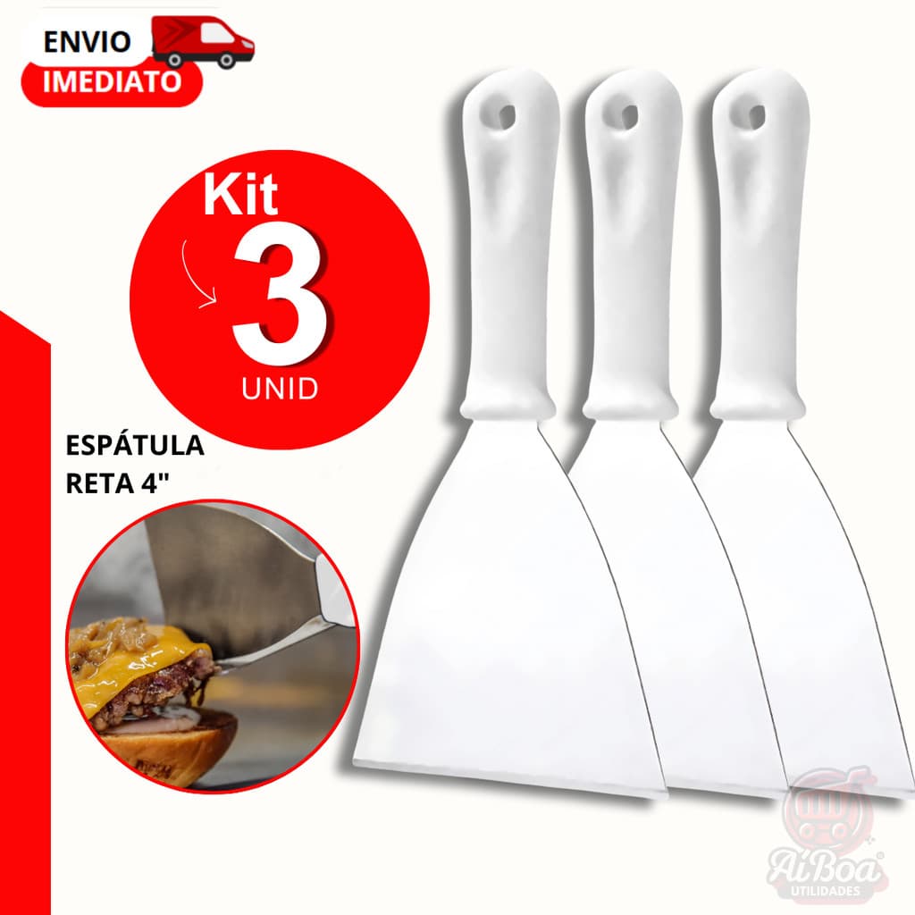 Kit 3, 2 ou 1 unid - Espátula Reta 4" Inox com Cabo Plástico Versátil para Cozinha, Hamburgueria, Doces e Pizzas
