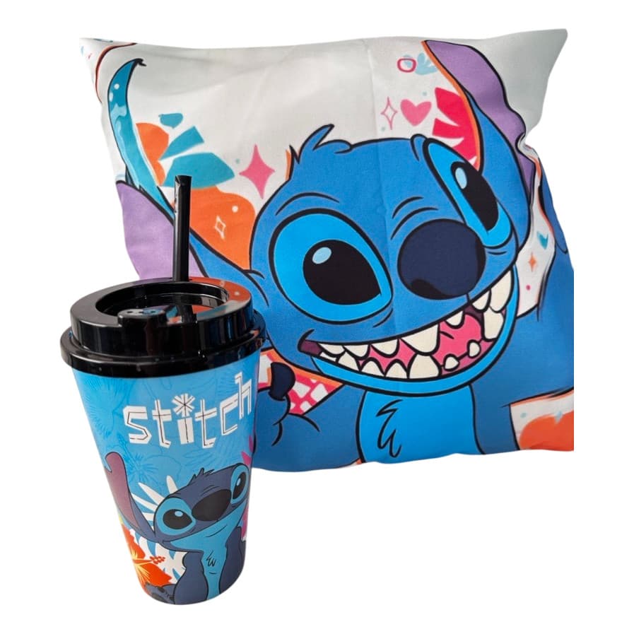 Almofada Cheia Macia 40cm Stitch + Copo Plastico Com Canudo