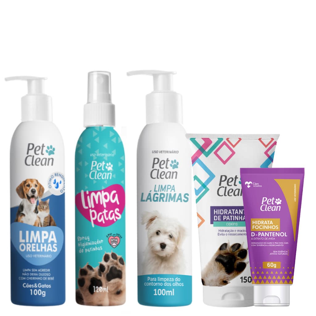 Kit Limpa Orelha/Patas/Lágrimas + Hidrata Pata/Focinho para Cachorro e Gato Pet Clean