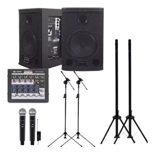 Kit Saga 8 Ativa Passiva Mesa 6 Canais Mic Ls302 Pedestais