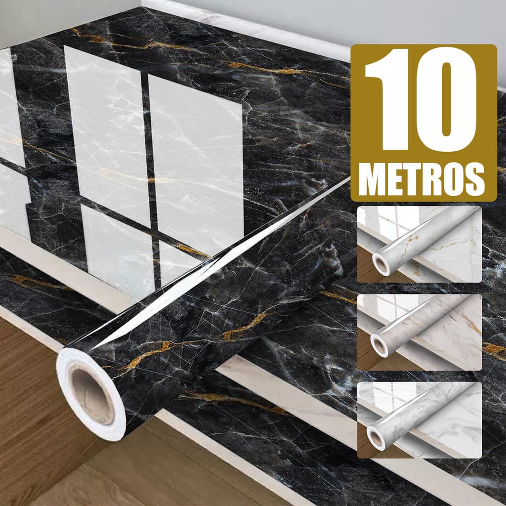 Papel Adesivo De Parede Mármore Preto E Dourado 10 Metros Sala Quarto Cozinha Lavável Vinílico