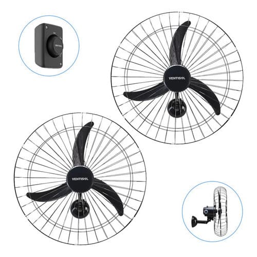 Kit 2 Ventiladores Parede 200W 60cm 3 Pás Preto Bivolt Potente P/ Igreja Academia Lojas - Ventisol