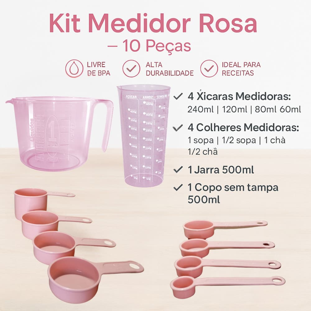 Kit Medidores 10 Peças para Cozinha com Jarra 1L Copo 500ml Xícaras e Colheres Medidoras