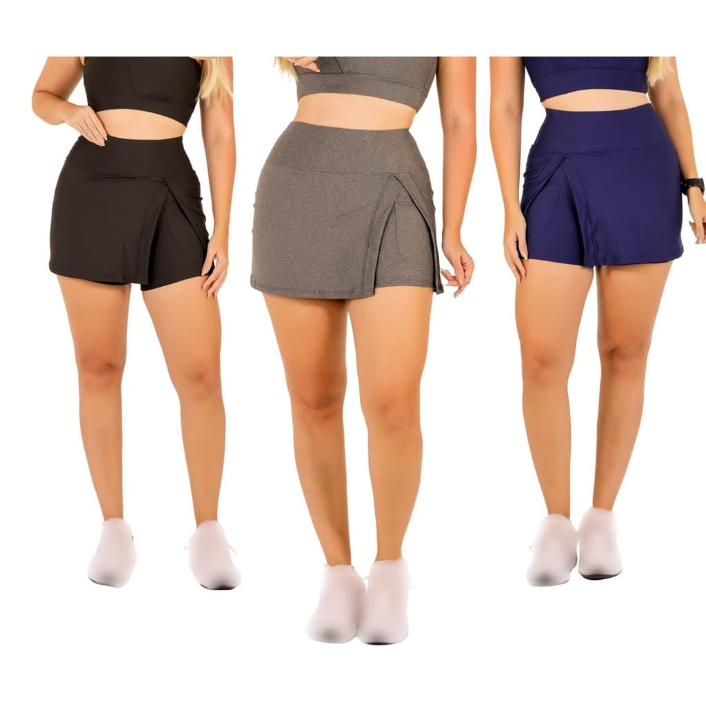 Kit 3 Shorts Saia Com Bolso Moda Evangélica Fitness Feminino Treino Academia Caminhada Corrida Ginástica The Start
