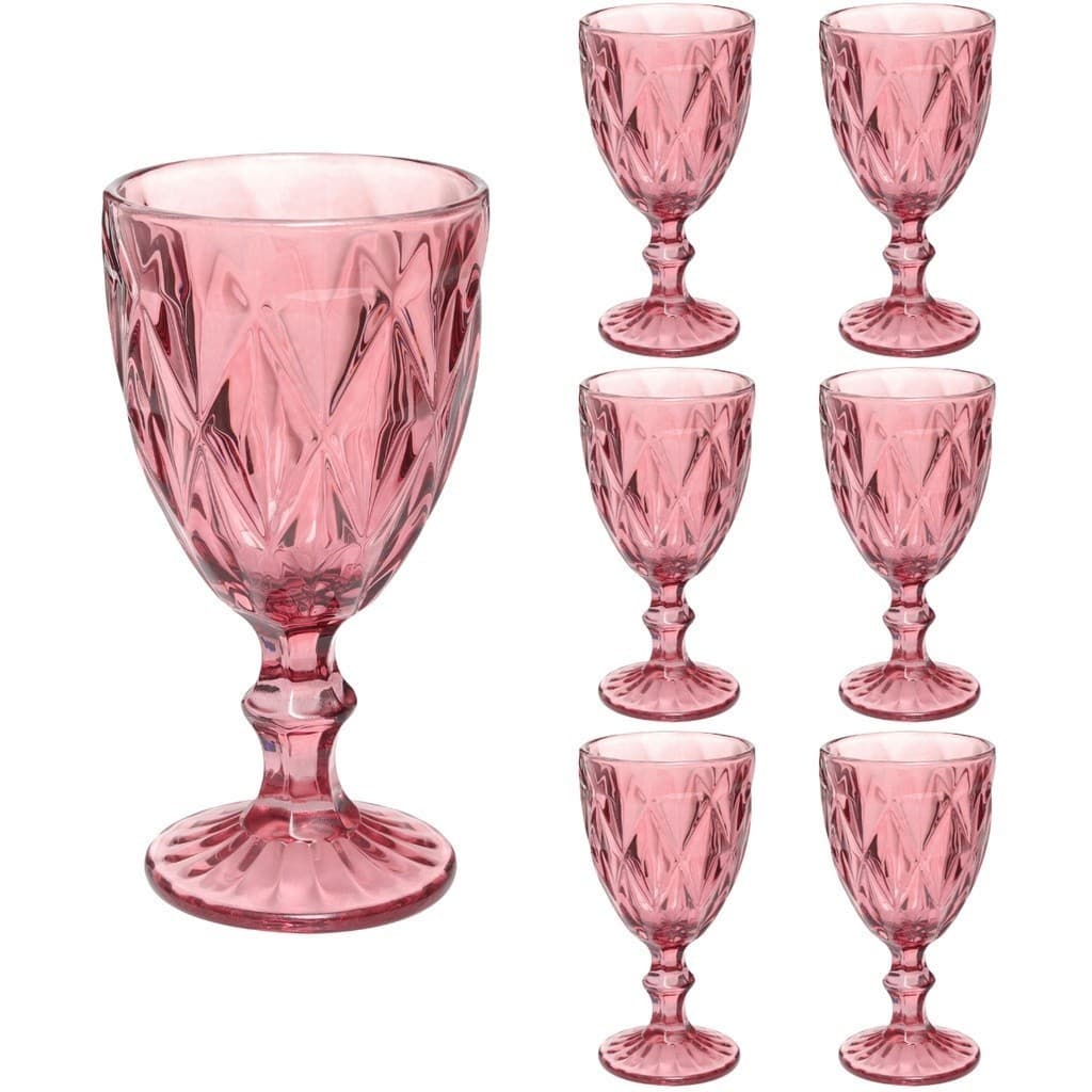 Jogo 6 Taças de Vidro Diamond Rosa 340ml Luxo e Elegância para Água Sucos Drinks e Mesa Posta