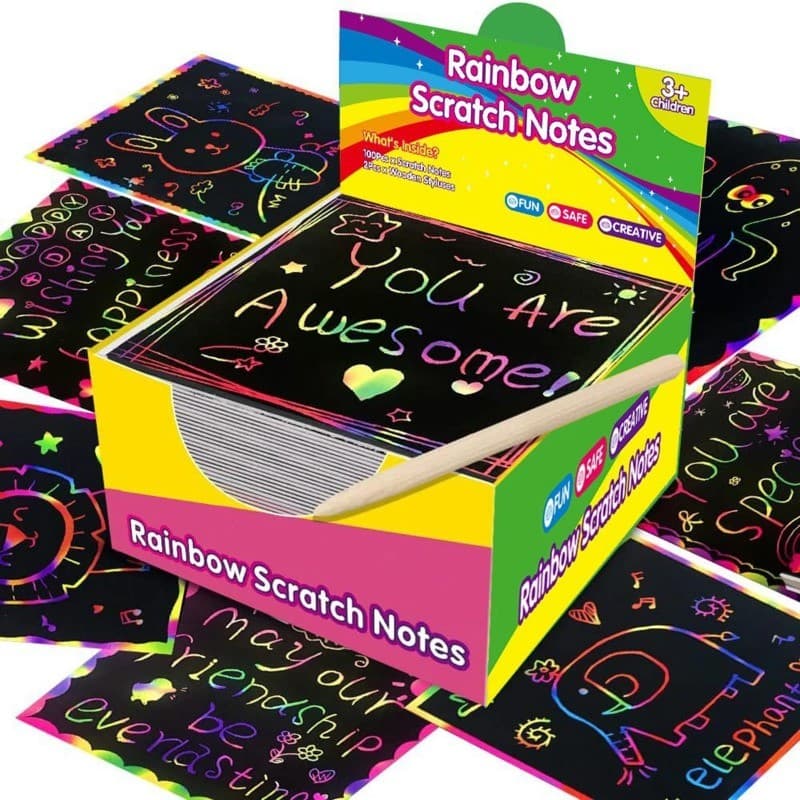 100 Pçs Conjunto De Arte De Papel De Risco Raspar Mágico Arco-Íris Com 2 Canetas De Bambu Preto Notas Cartão De Presente