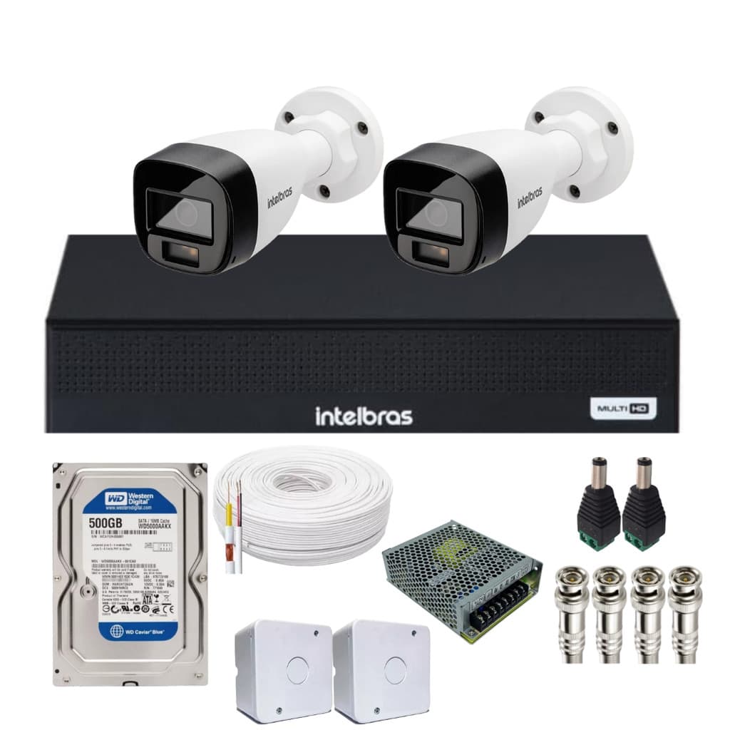 Kit 2 Câmeras Intelbras 1120b Full Color, Dvr 4ch Mhdx 1104c  Hd 500gb