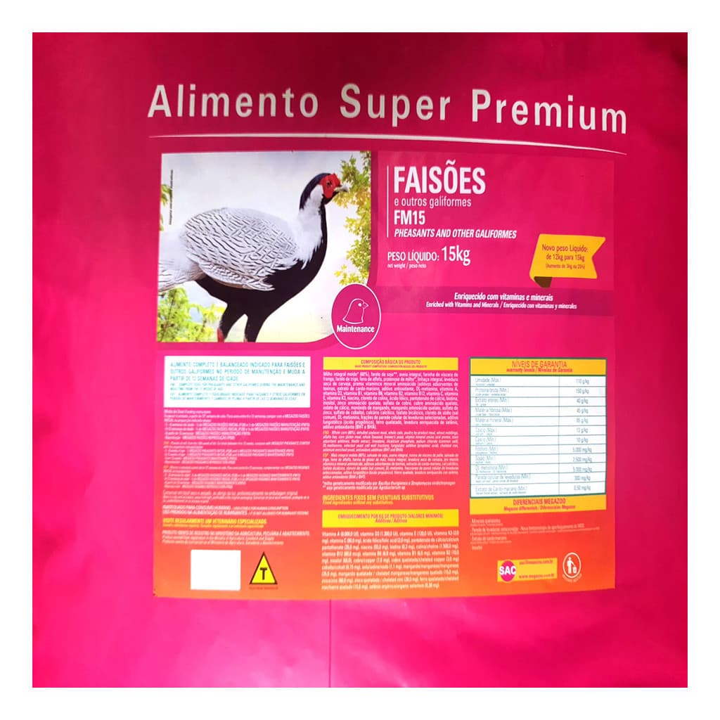 Ração Megazoo Faisões Manutenção FM15 15kg Super Premium Alimento Completo Nutrição Balanceada