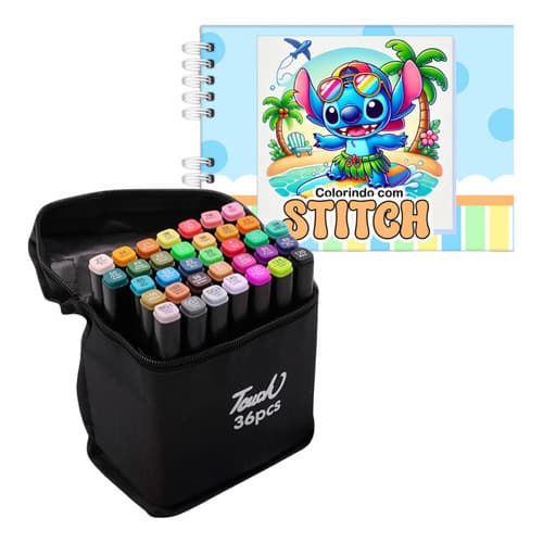 Kit Caneta 36 Cores Ponta Dupla + Livro De Colorir Capa Dura