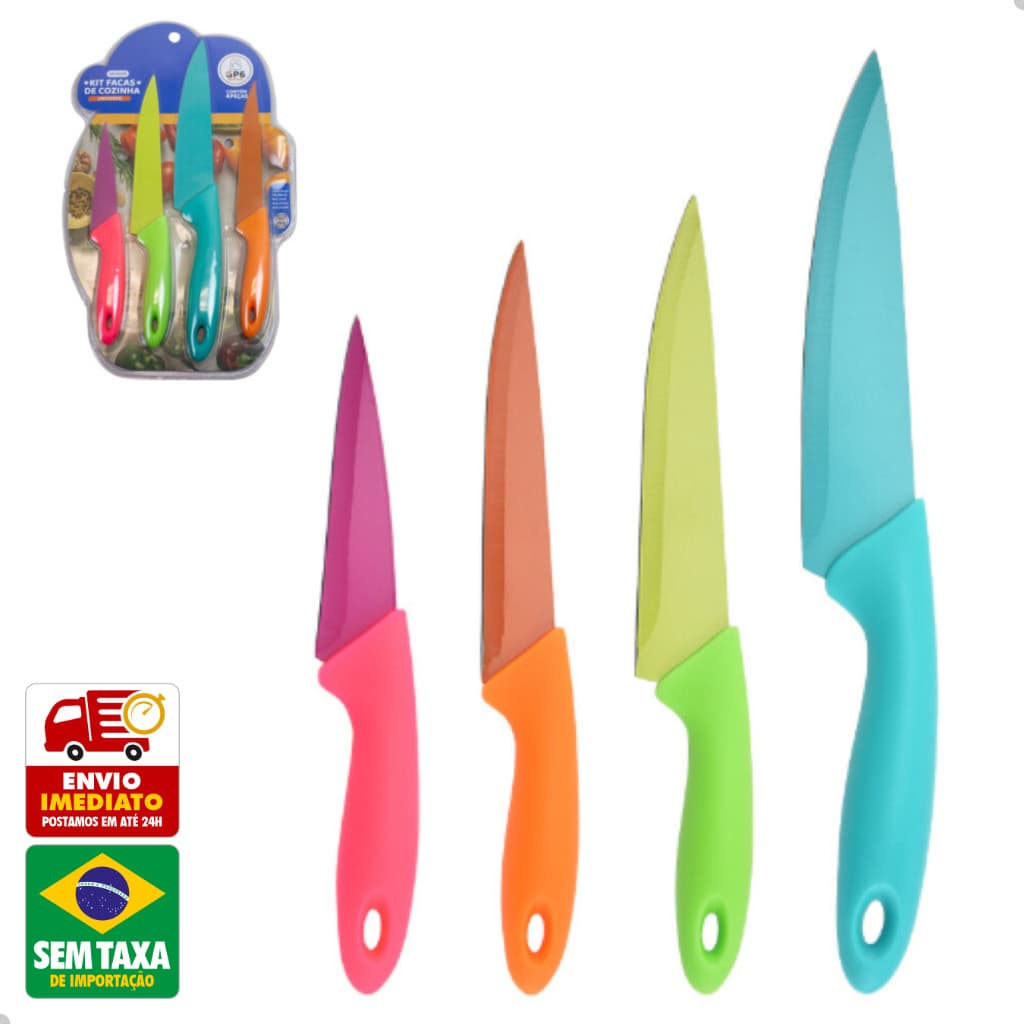 Kit 4 Facas de Cozinha Aço Inox Coloridas Cabo Plastico 3'' 4'' 5'' 6'' Multi Funções Carnes Legumes