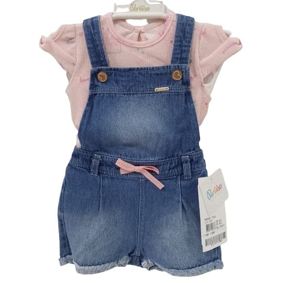 Conjunto Jardineira Jeans + Body Bebê Menina Paraiso 13910
