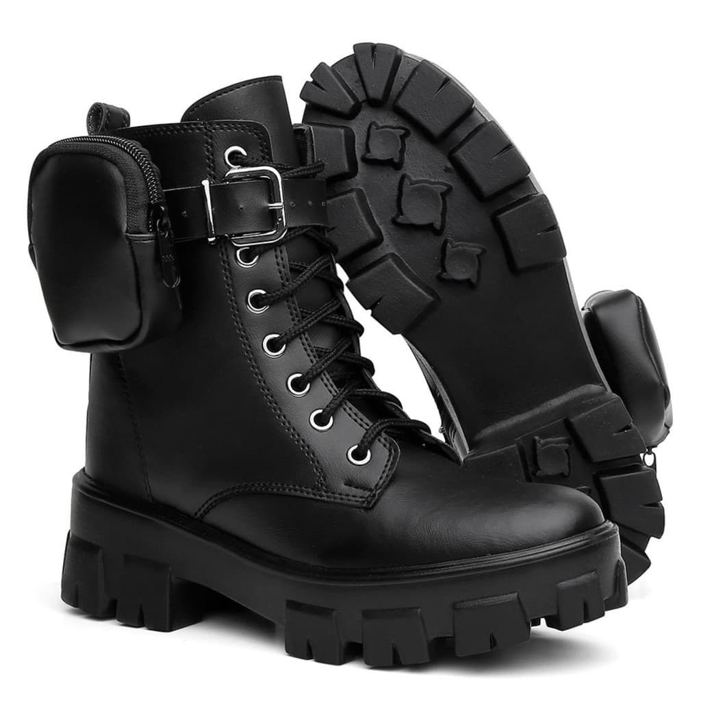 Coturno Feminino Bota Feminina Solado Tratorado Estilo Militar Com Bag Bolsinha Removivel