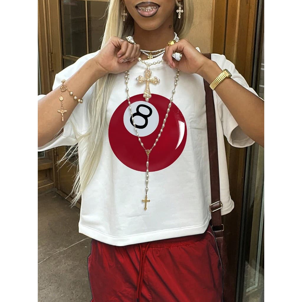 Camiseta Feminina Casual Manga Curta Estampada Bola 8 Gola Redonda 100% Algodão Streetwear
