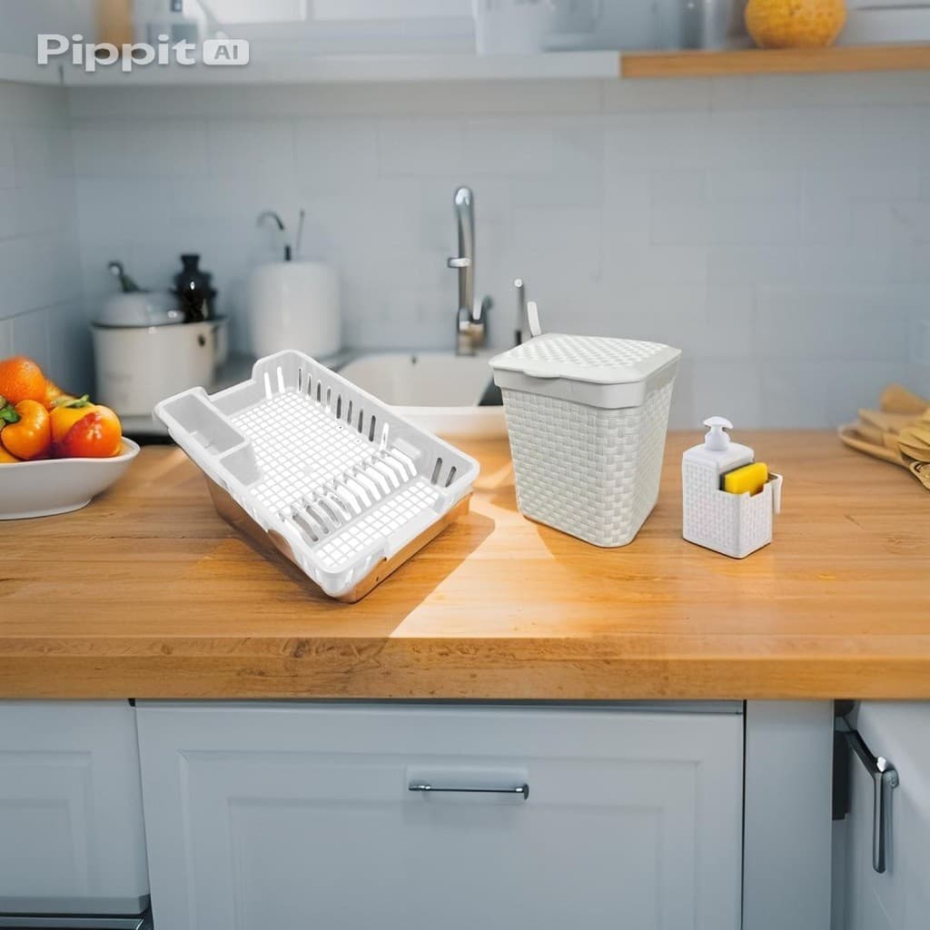 Kit Cozinha Branco com Escorredor Lixeira 5L Rattan e Porta Detergente para Pia