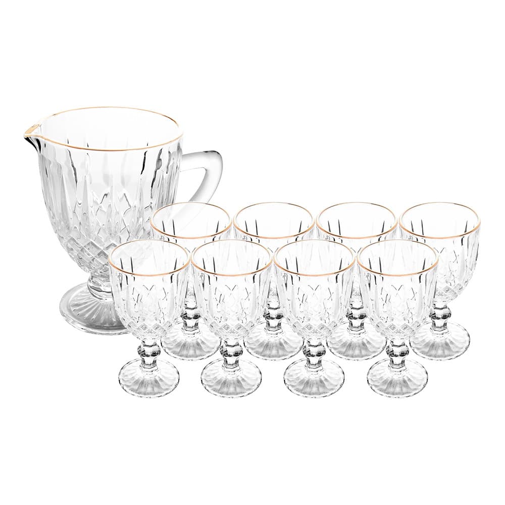 Jogo Jarra 1L Greek com 8 Taças de Vidro 345ml Fio de Ouro Borda Dourada Água Suco Wolff