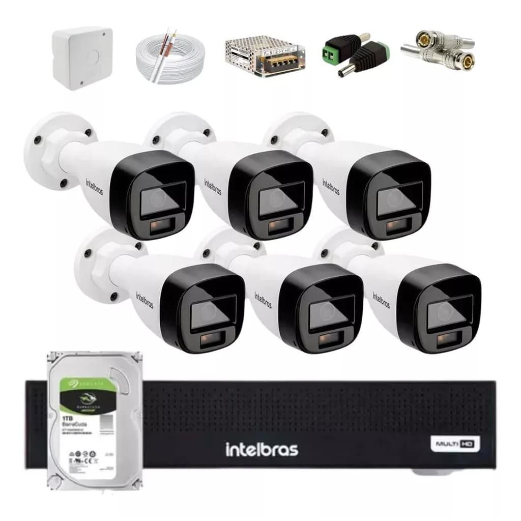 Kit Intelbras 6 Cameras de Segurança Full Color 3220 Fc+ Audio, Dvr 1108-c C/1tb