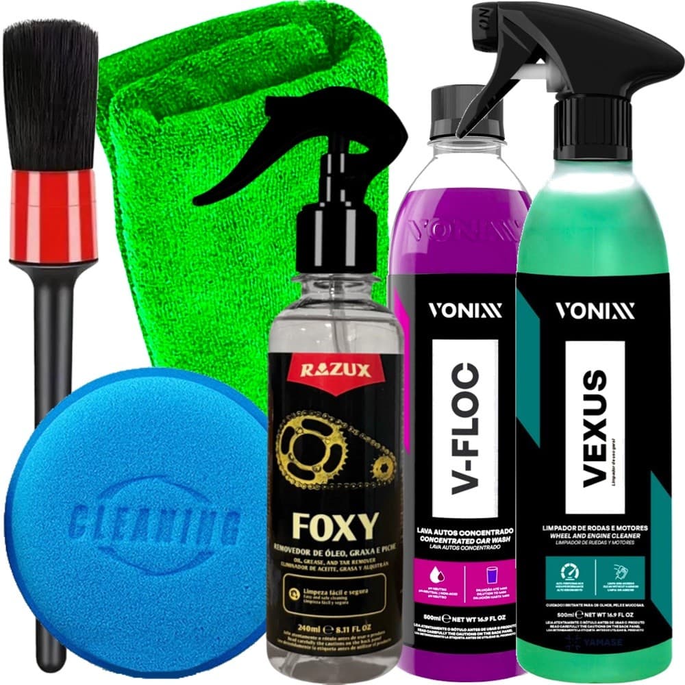 Kit Limpeza Motor de Moto Vonixx Completo Limpa Corrente Tira Óleo Graxa Foxy Limpa Motor Vexus Shampoo V-Floc