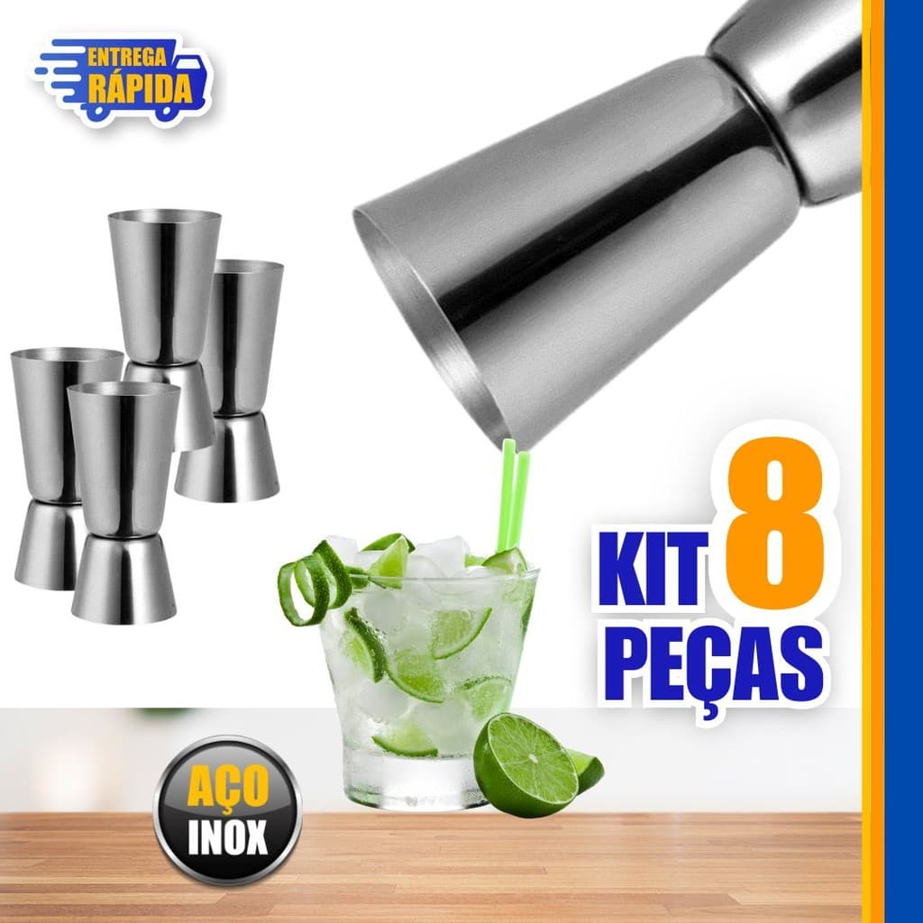8 Dosador Duplo de Bebidas Inox de 50ml e 25ml Profissional p/ Drinks e Caipirinhas bebidas