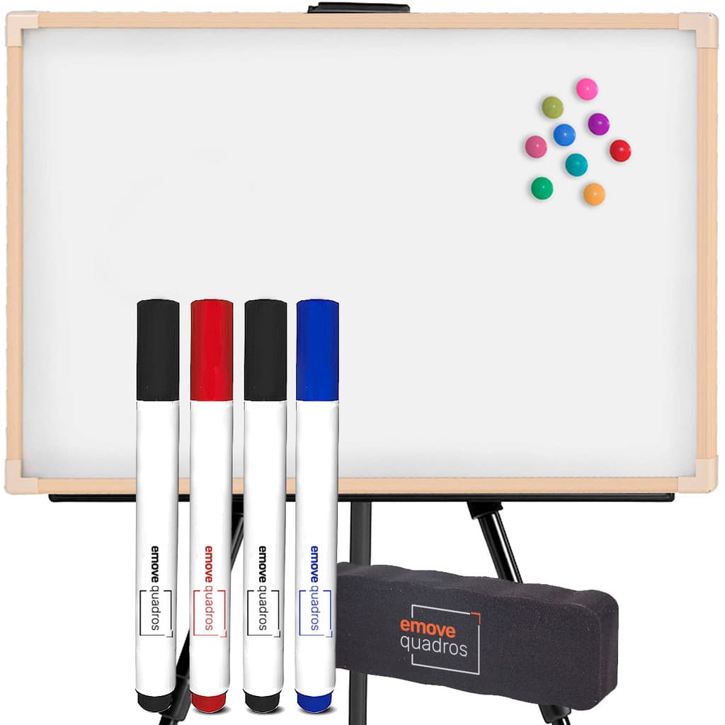 Lousa Branca Quadro Branco Magnético 70x50cm Madeira Com Suporte Cavalete Tripé Ajustável + 4 Caneta