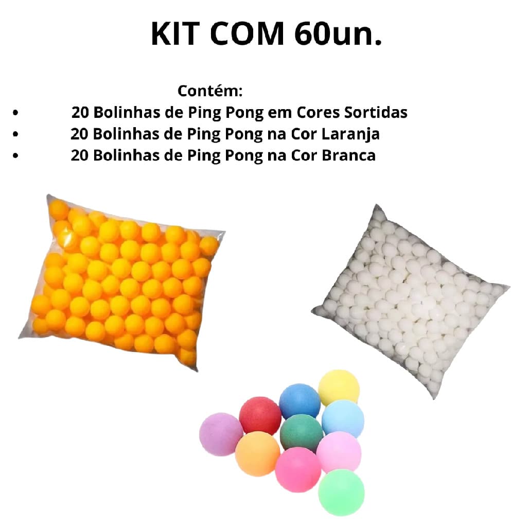 Kit Bolinhas de Ping Pong c/ 20 Cores Sortidas + 20 Laranjas + 20 Brancas