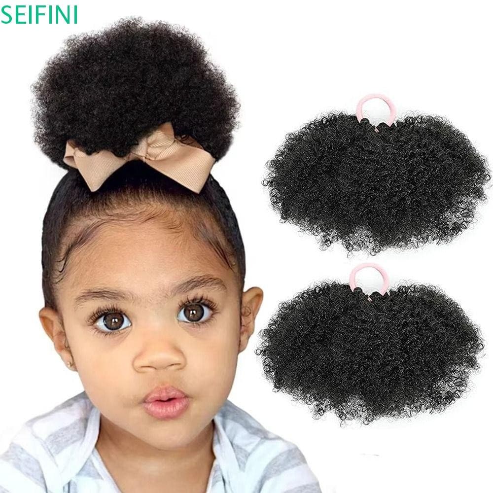 SEIFINI 2 Peças Mini Coque De Cabelo Encaracolado Afro , Rabo De Cavalo Sintético Elástico Natural Para Crianças , Preto