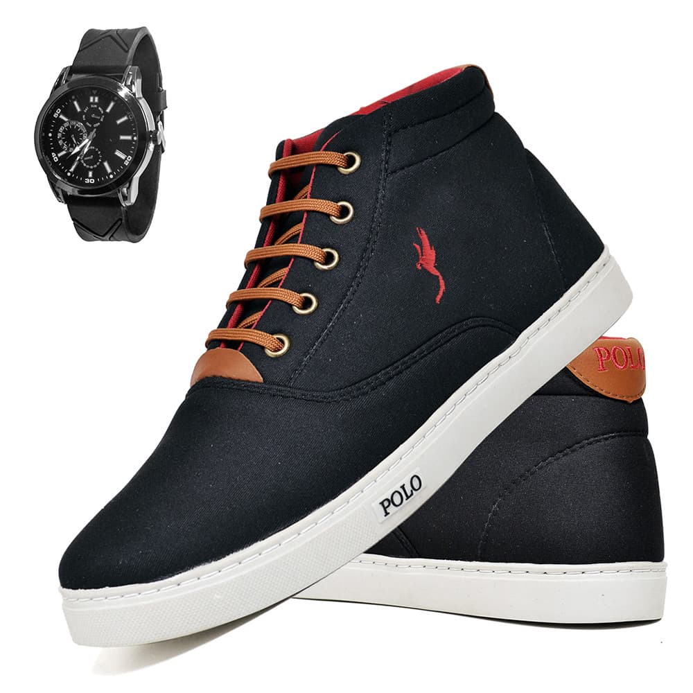 Kit Tenis Sapatenis Masculino Sapatenis Cano Alto Bota Preto Relógio Digital e Meia