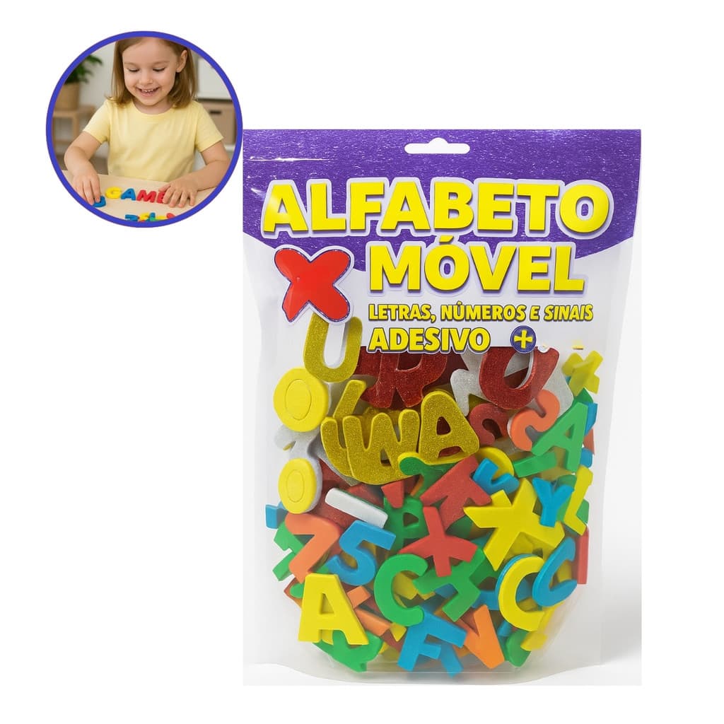 Alfabeto Móvel Glitter Adesivo Letras Números EVA