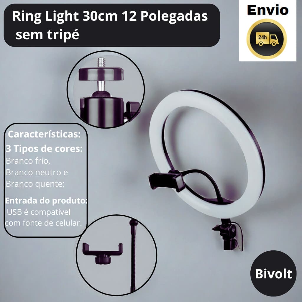 Ring Light 30cm 12 Polegadas sem tripé com Suporte
