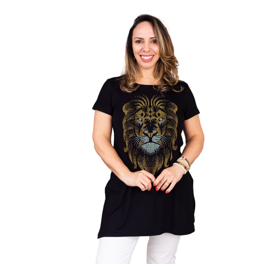 Blusa Feminina com estampa de Leão em Strass moda gospel evangélica