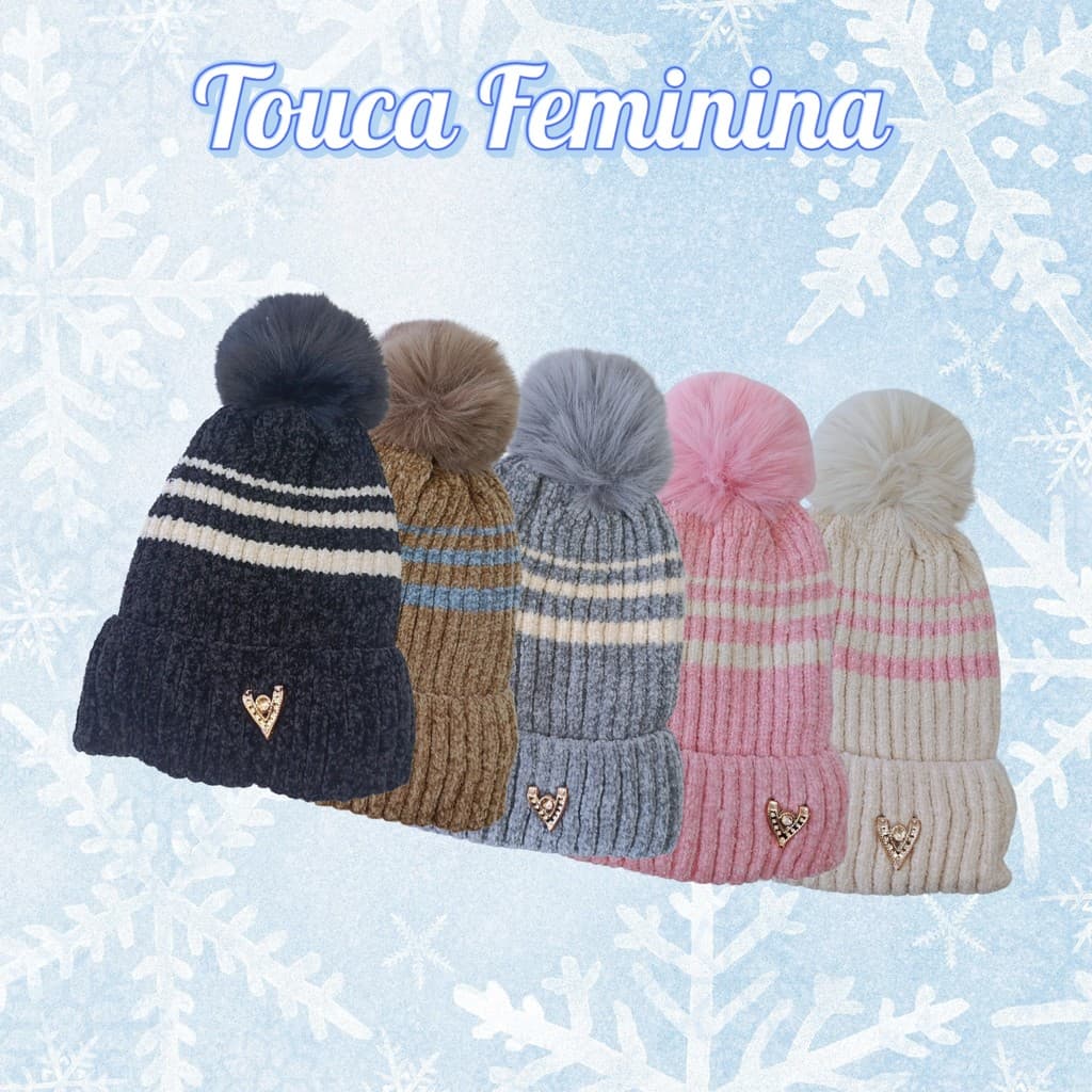 Touca Pompom Forrada com Listra Feminina Inverno Várias Cores