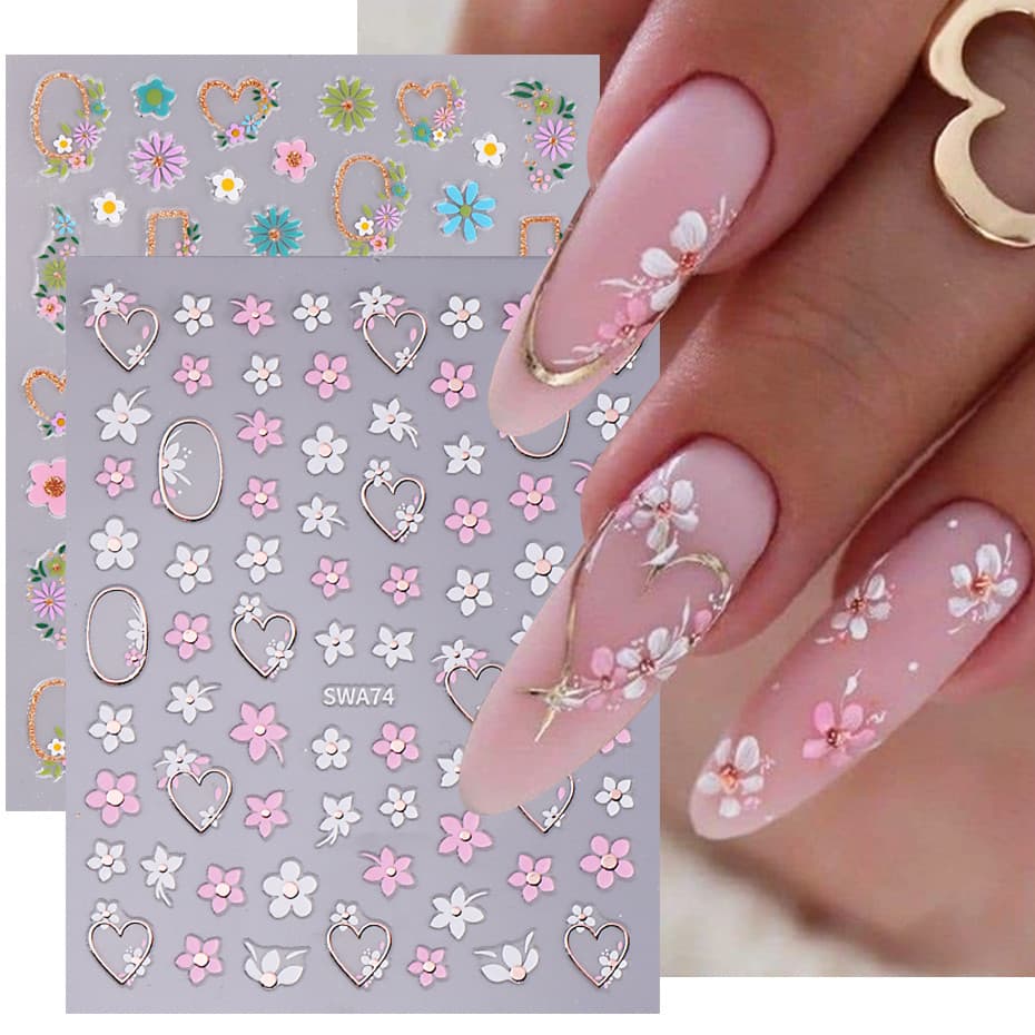 3D Rosa Branco Flor Adesivos De Unhas Metálico Linha Amor Pétalas Florais Margarida Sliders Decalques Primavera Elegante