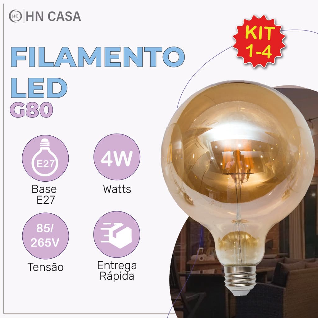 Lâmpada De Enchimento LED G80 4W E27 LUZ Cente (Amarelo)'mbar Vintage Retro 110V ~ 220V | Bivolt
