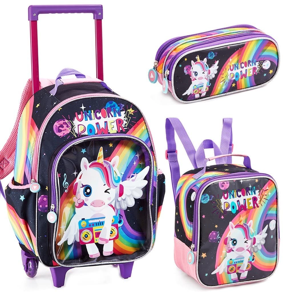 Kit 3PECAS Escolar Menina Mochila com Rodinhas, Lancheira e Estojo Unicornio Power - Volta as Aulas