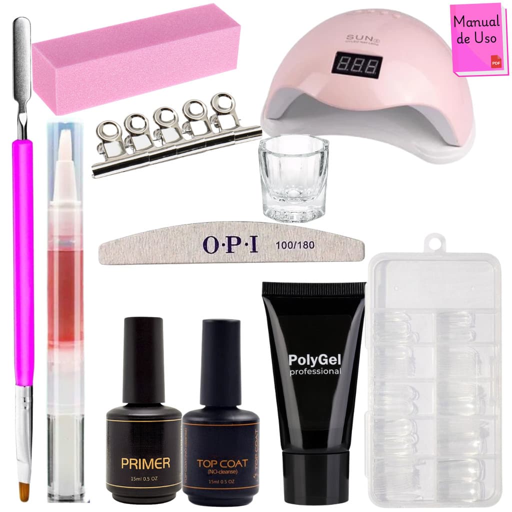 Kit Polygel Alongamento De Unha + Molde F1 + Lixa + Top Coat + Primer + Cabine Sun Grande Poligel Alongamento Unhas Poly