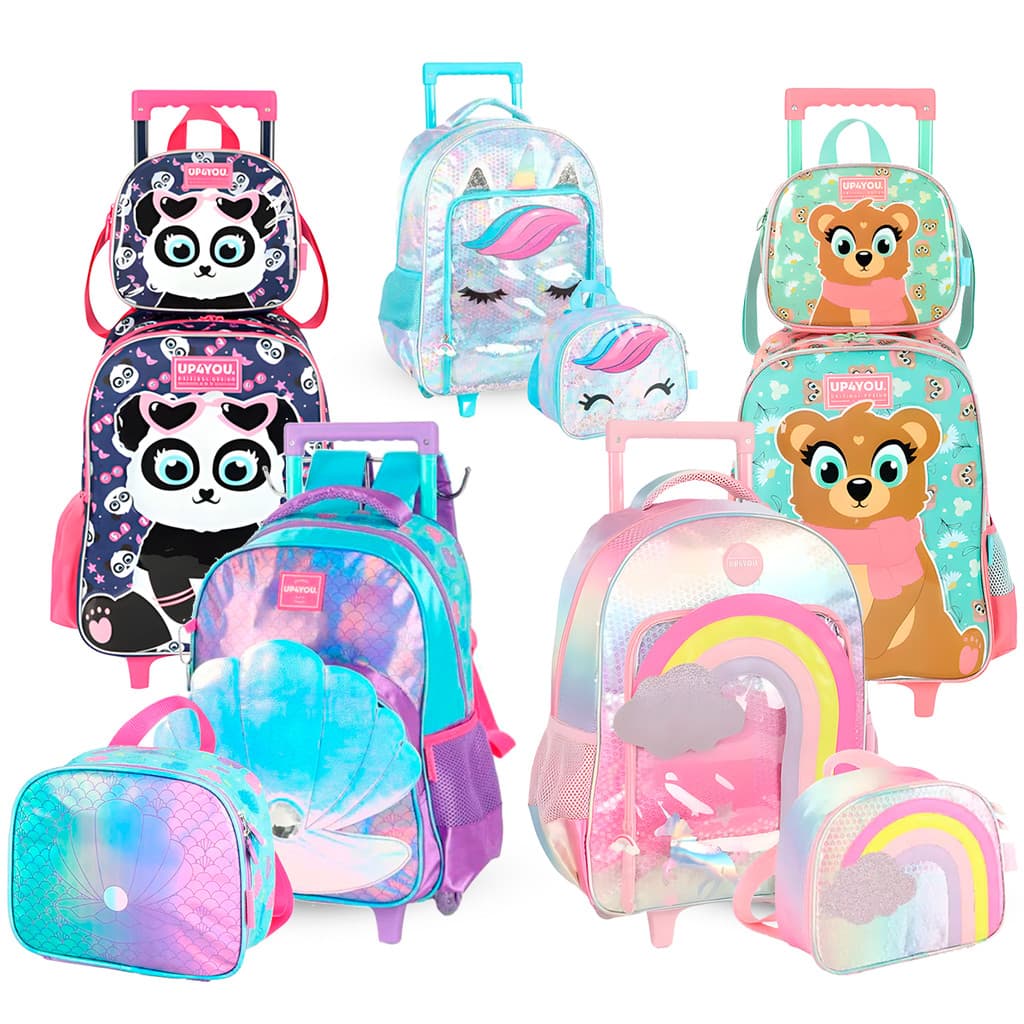 Kit Mochila e Lancheira Infantil Escolar Luxcel Rodinha Urso Sereia Panda Arco-íris Unicórnio