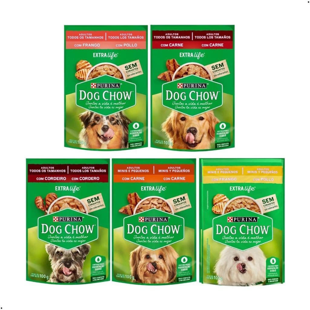 Kit 15 unidades Sachê Dog Chow Alimento Úmido Cachorros Sabores Carne Frango Cordeiro 100g Cães Pet