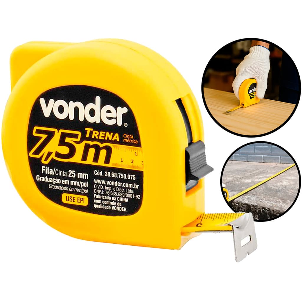 Trena Profissional Fita Métrica Longa Caixa Fechada Plástica Com Trava Presilha 7,5m x 25mm Vonder