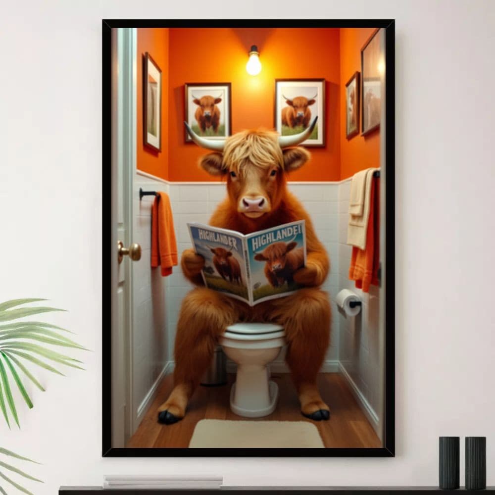 Quadro Banheiro Touro Engraçado Jornal Decorativo