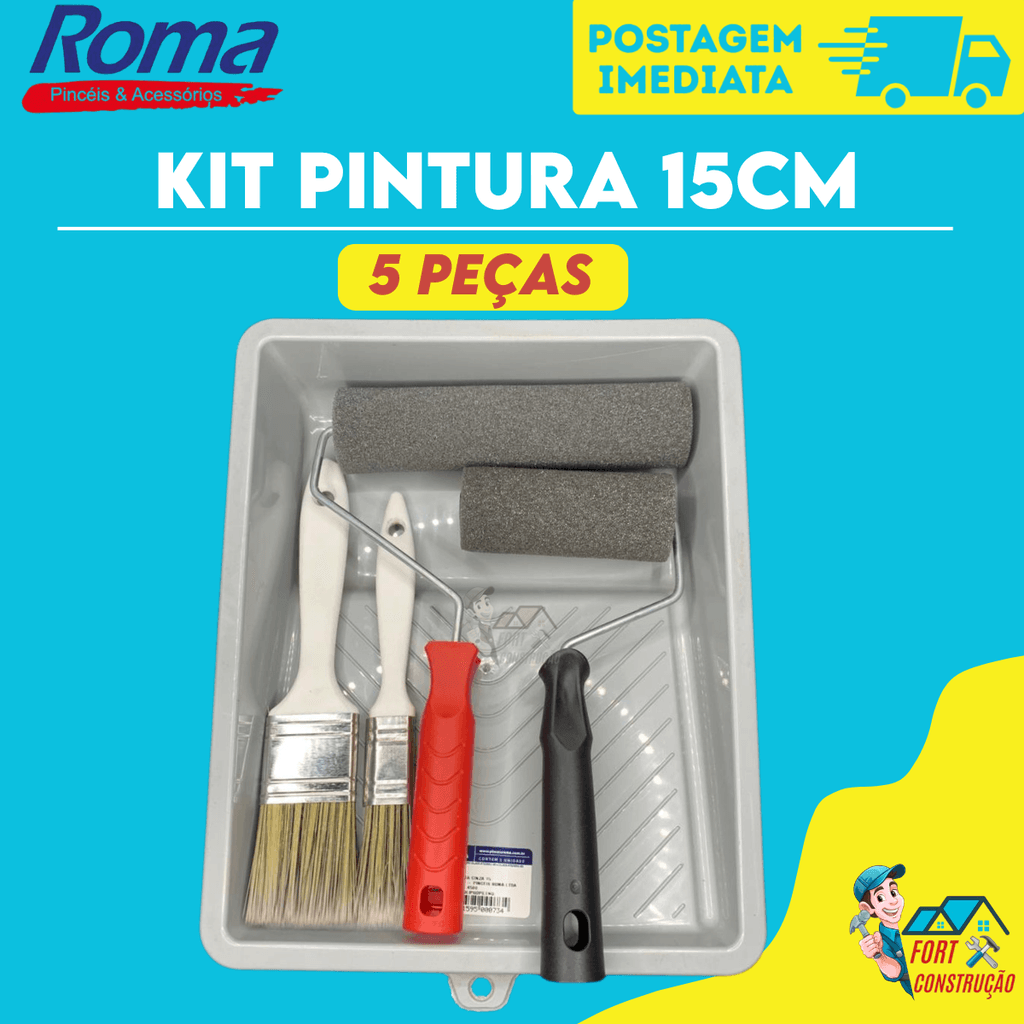 Kit Pintura 5 Peças Roma Esmalte Vernizes Stain Bandeja 15cm + Rolo 15cm + Trinchas + Rolo 9cm