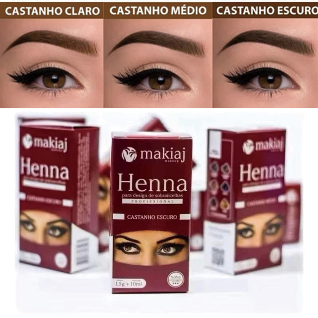 Henna em Pó Makiaj 1,5g + Fixador 10ml – Kit Completo p/ Sobrancelhas – 7 Cores Naturais