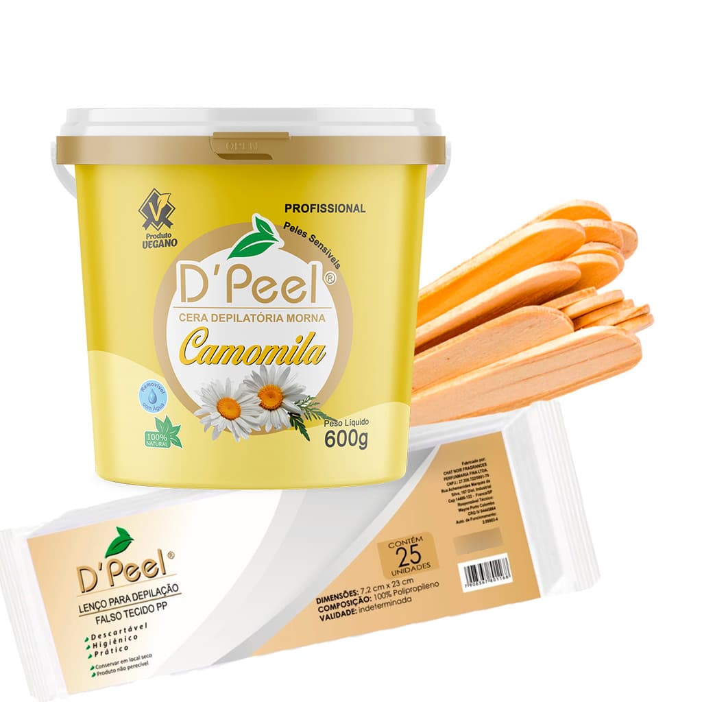 Kit Depilação Cera Depilatoria Hidrossoluvel 600g + Papel Depilatorio 25 Unidades + Espátula Madeira 15 Unidades