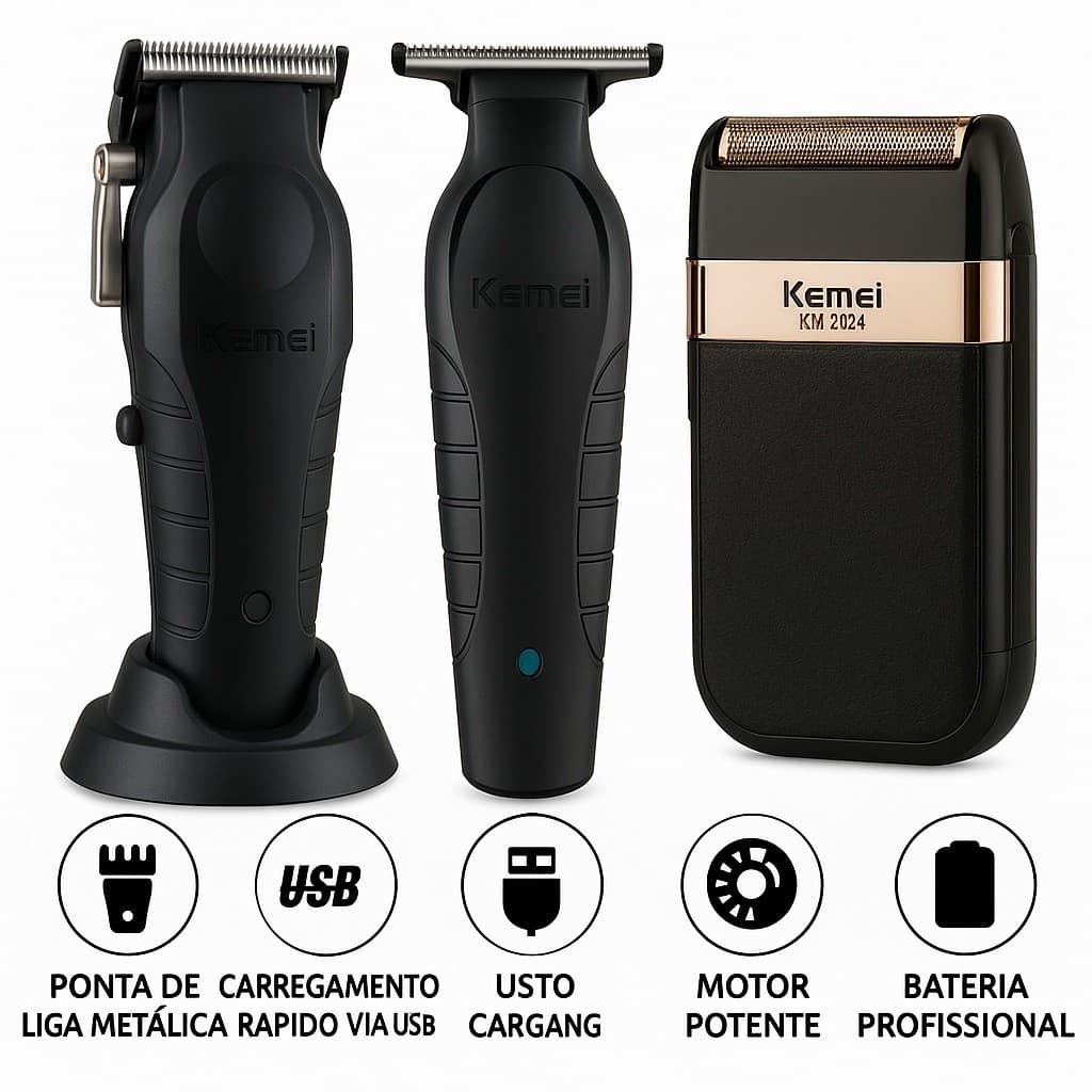 Kit Kemei Profissional Máquina 2299 + Shaver 2024 + Cortador 2296 Bivolt USB Cabelo, Barba, barbeiro