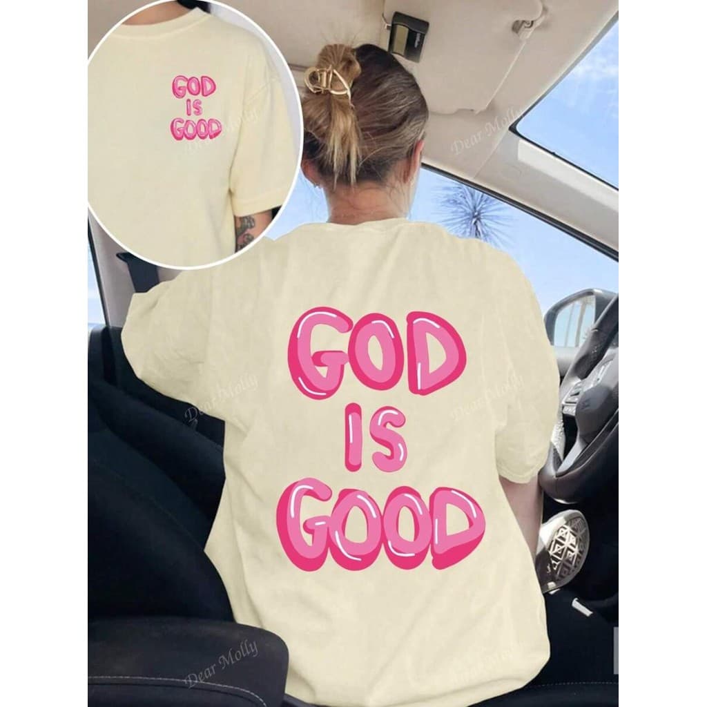 Camiseta Feminina Cristã de Manga Curta e Decote Redondo Estilo Solto, "Deus é Bom", Parte Superior Casual Confortável