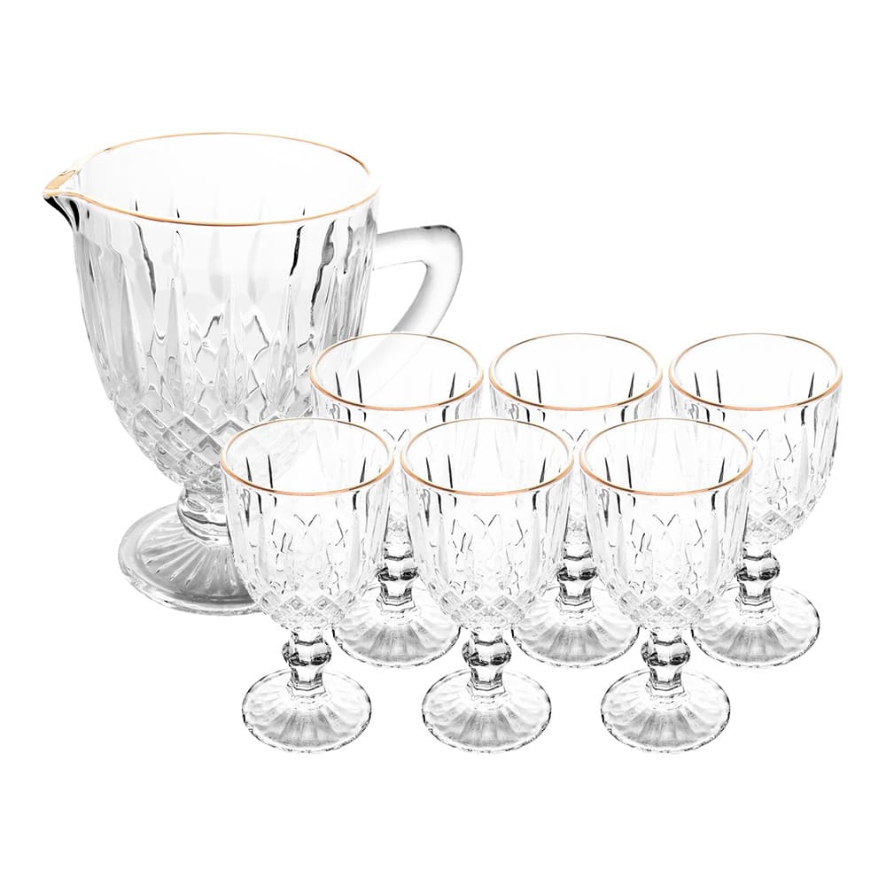 Jogo Jarra 1L Greek com 6 Taças de Vidro 345ml Fio de Ouro Borda Dourada Água Suco Wolff