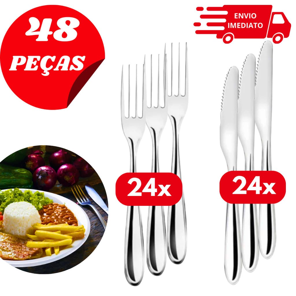 Kit Talheres Inox 48 Peças – 24 Facas e 24 Garfos de Mesa Inoxidável Durável