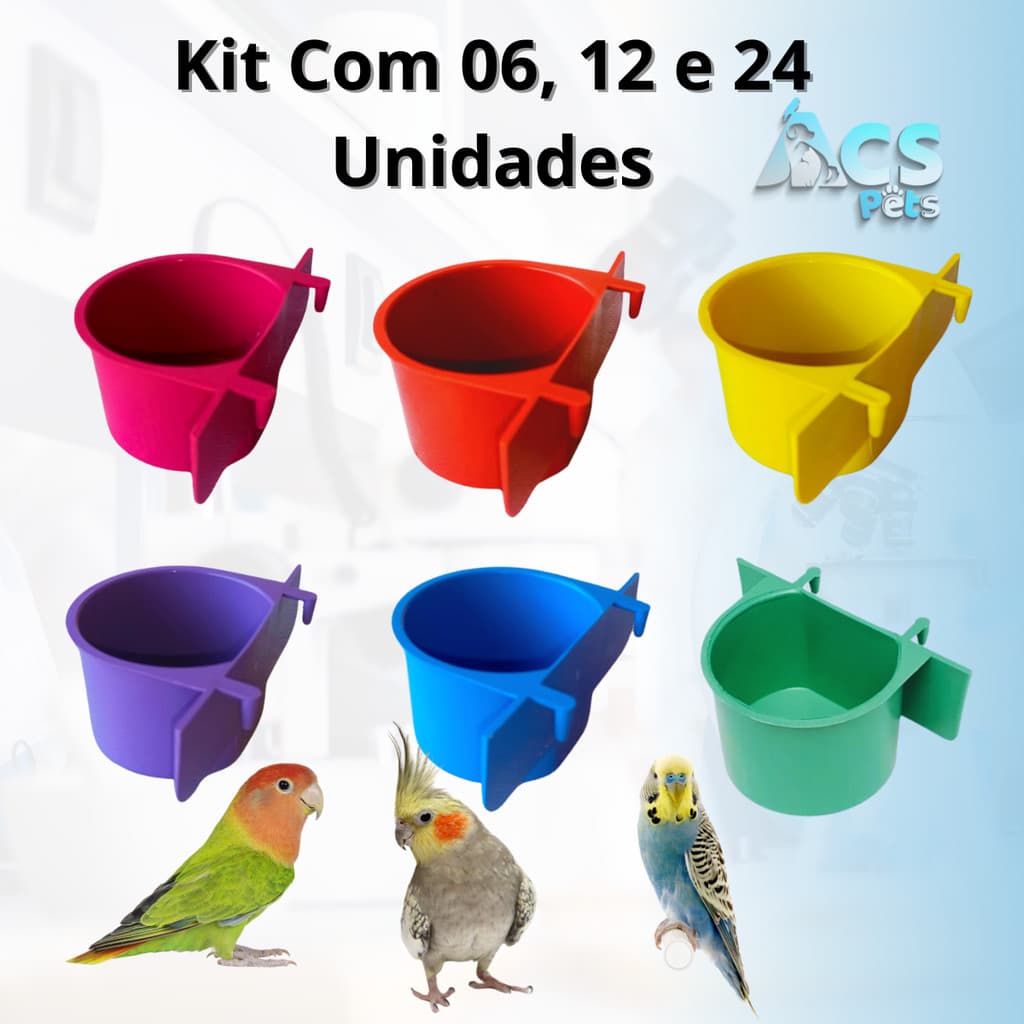 Kit Bebedouro e Comedouro Com Aba e Gancho Para Calopsita, Periquito, Agapornis, Papagaio e Canario
