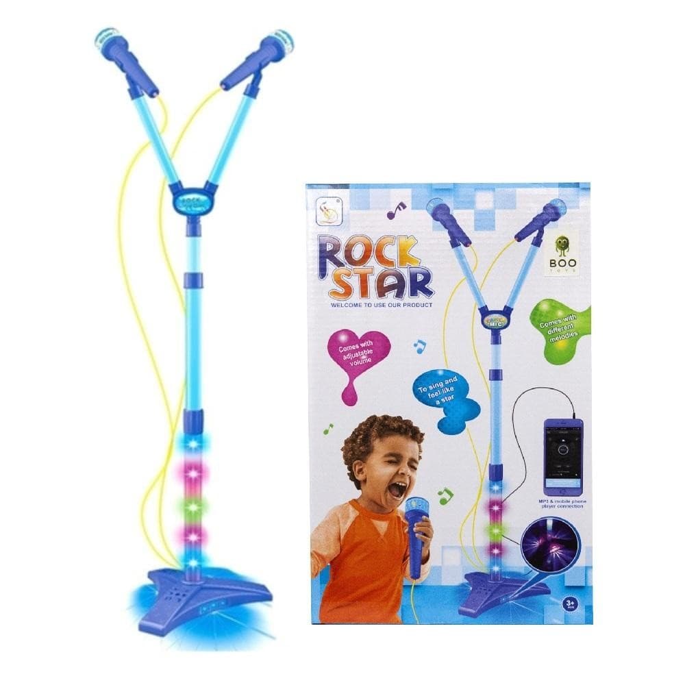 KARAOKE INFANTIL MICROFONE DUPLO LUZ AZUL PEDESTAL CELULAR MP3