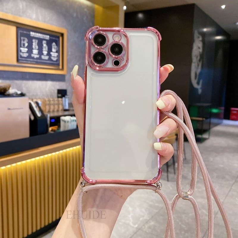 iPhone 16 13 12 11 14 15 Pro Max XR X XS 8 7 Plus Capa Com Alça À Prova De Choque Crossbody Cordão Chapeamento 6D Transp