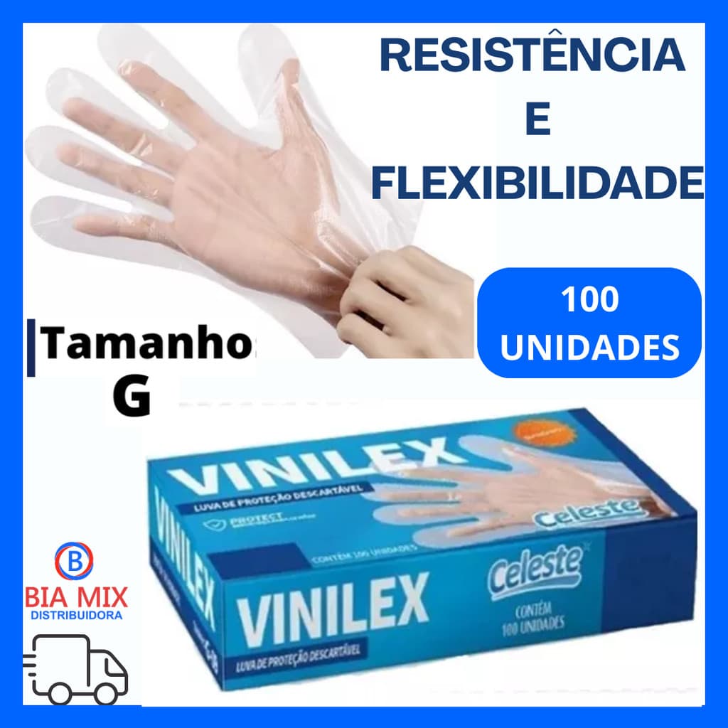 CLT-541 CELESTE LUVA DESCARTÁVEL VINILEX Tamanho G com 100UN