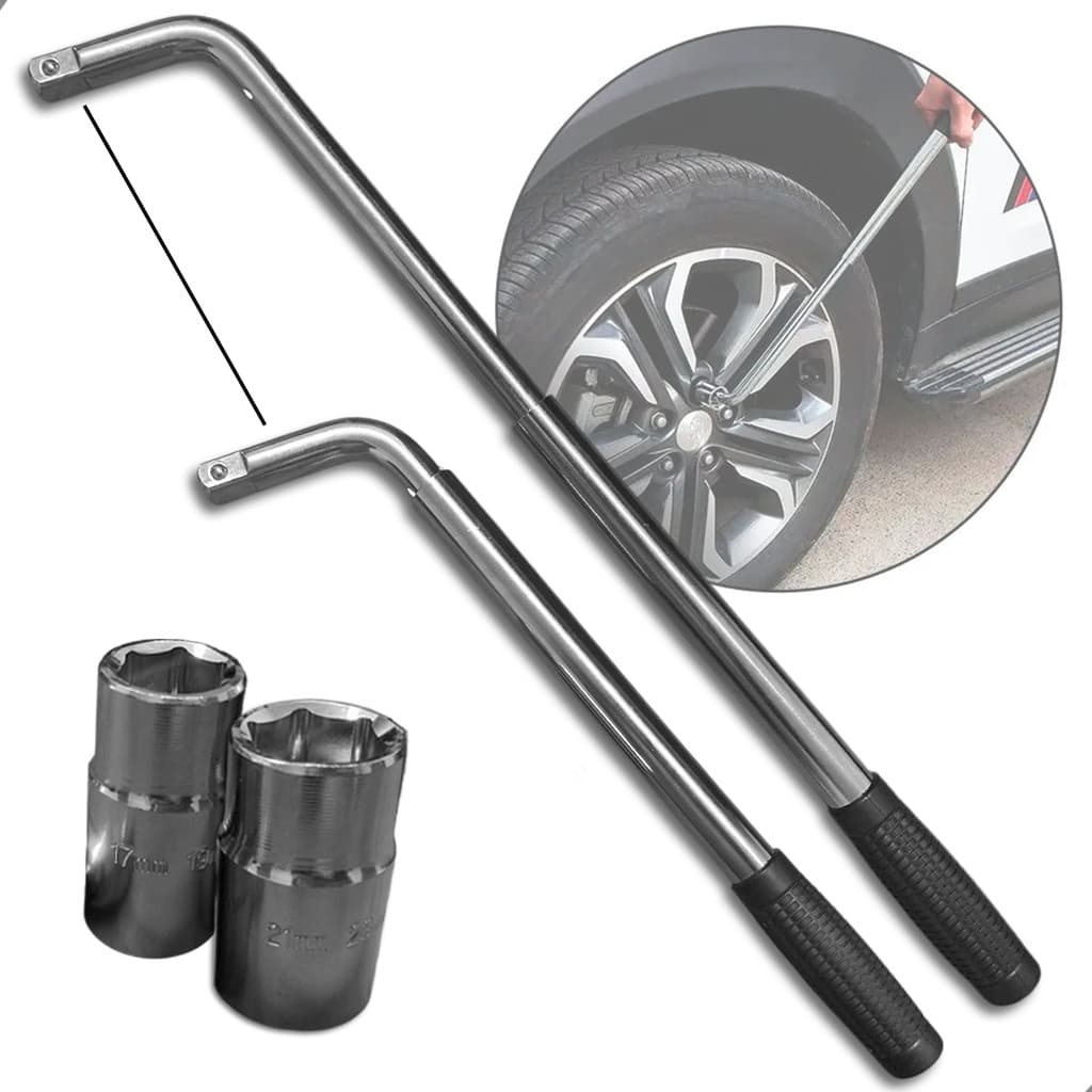 Chave De Roda em L Extensível Telescópica Universal + Adaptadores Boca 17 19 21 23mm